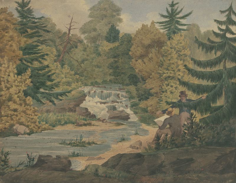 Acuarela de John Rubens Smith que representa un paisaje de cascada y río