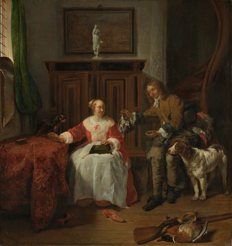 Woman contemplating a bird presented by a hunter, oil on canvas by Gabriël Metsu