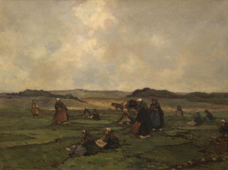 Cena de gênero com figuras na praia de Johannes Evert Hendrik Akkeringa, pintura a óleo
