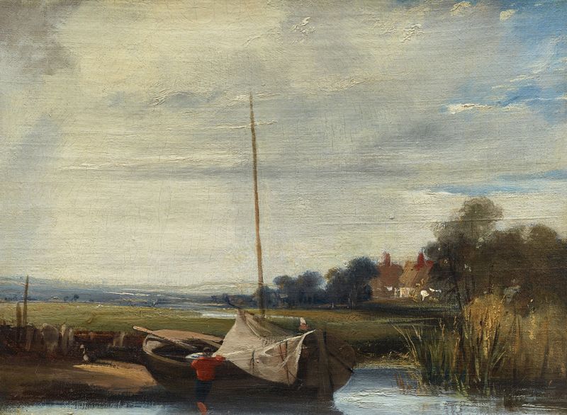 A River in Normandy de Richard Parkes Bonington, pintura a óleo de uma paisagem ribeirinha serena.