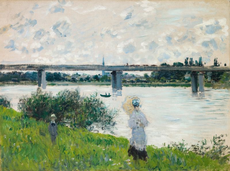 A Promenade com a Ponte Ferroviária, Argenteuil de Claude Monet, pintura a óleo de uma cena de rio tranquila.