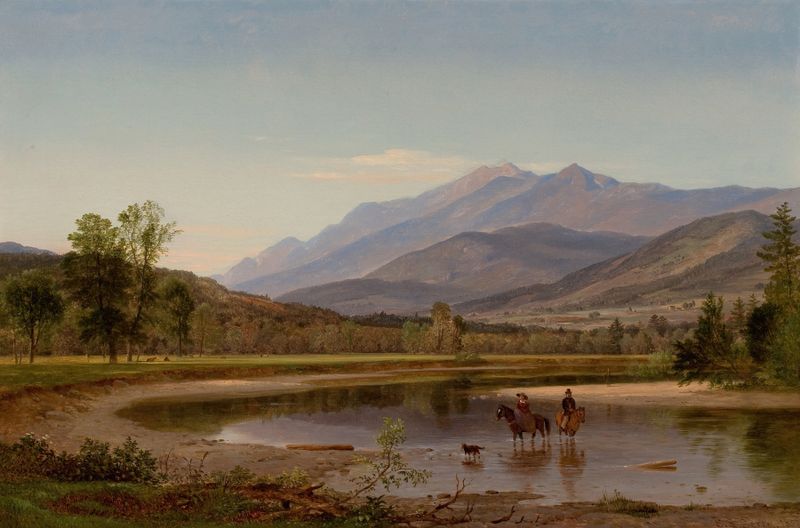 Fording the Stream, oil painting by Samuel Lancaster Gerry, depicting a tranquil landscape with a stream and mountains.