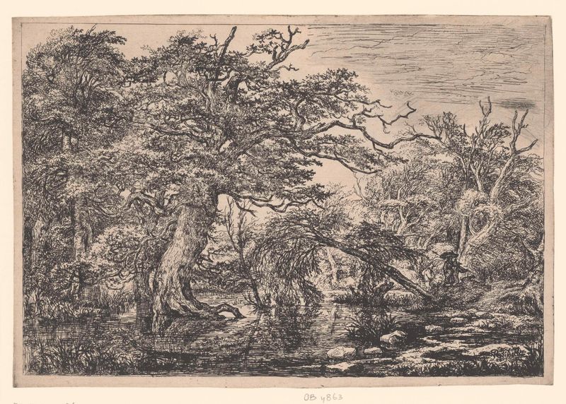 Grabado de Jacob Isaacksz van Ruisdael que muestra a dos viajeros en un paisaje