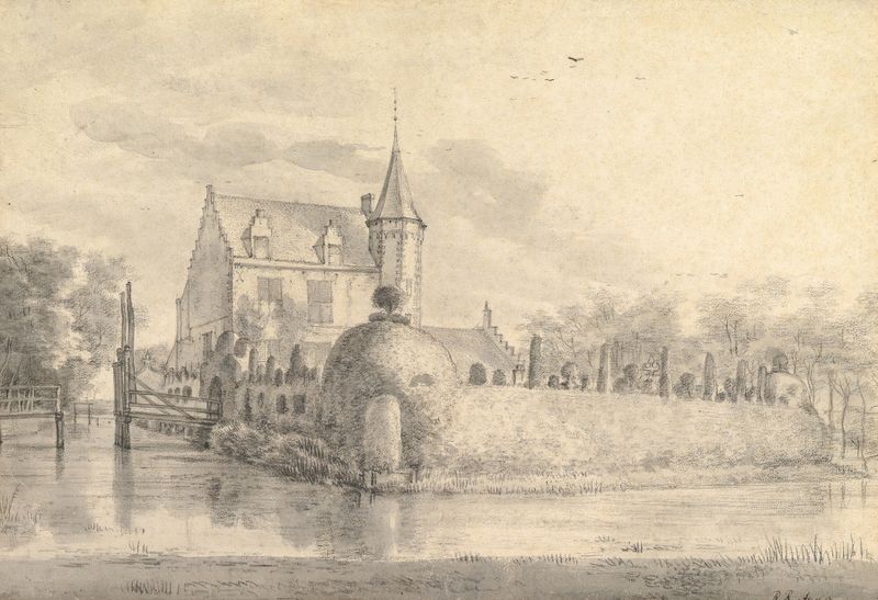 O Castelo Meerdevoort, óleo sobre tela de Roelant Roghman, apresenta um castelo em uma paisagem serena.