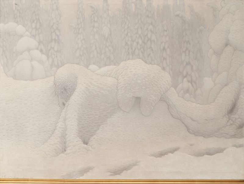 Landscape of mountains and valleys in snow by Gustaf Fjæstad, 1904