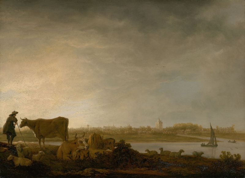 Aelbert Cuyp oil painting of herdsman and cattle by a river at twilight