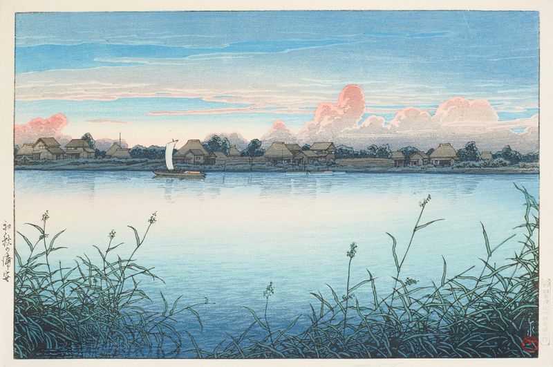Ukiyo-e de Kawase Hasui que representa un paisaje de otoño tranquilo con río y follaje.