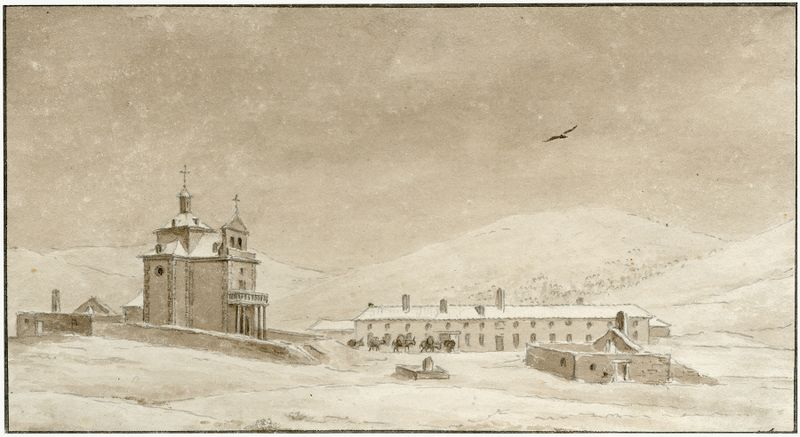 Pintura a óleo de paisagem por Otto Howen com montanhas, uma pousada e uma igreja.