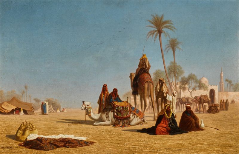 Genre scene featuring a caravan in the desert by Charles Théodore Frère, oil painting
