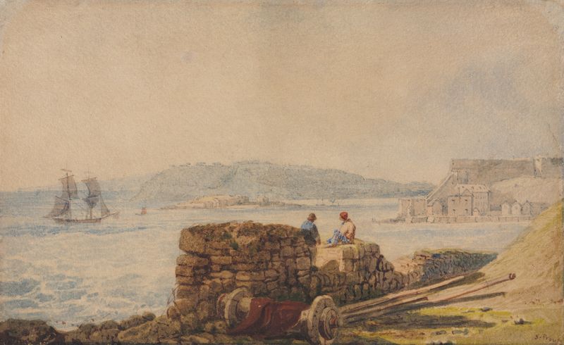 Aquarela de Samuel Prout representando Drake’s Island, Plymouth com costa rochosa e água cintilante.