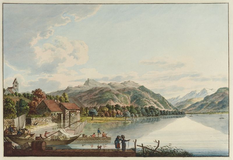 Village de Stäffa au Lac de Zurich by Johann Heinrich Bleuler, oil on canvas depicting hills and a lake.