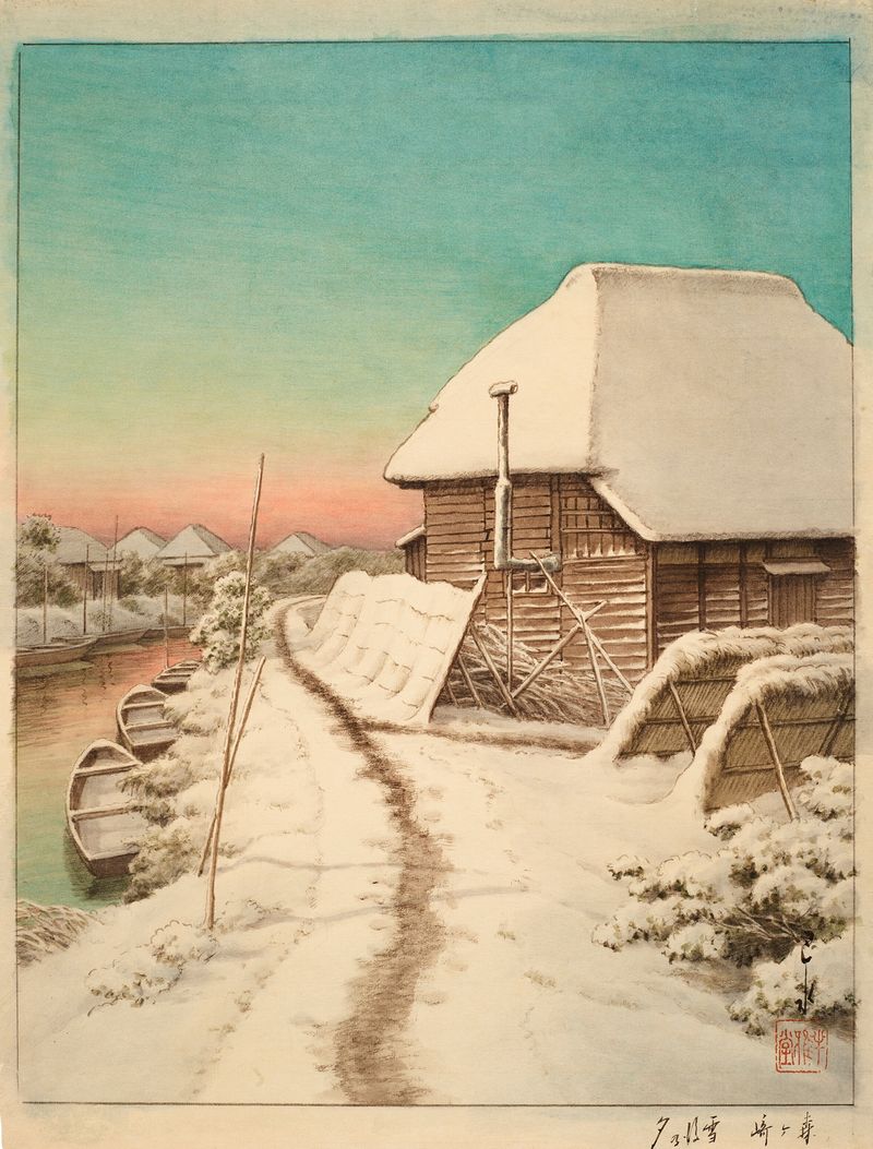 Gravura em madeira de Kawase Hasui mostrando uma paisagem coberta de neve e tranquila ao entardecer.