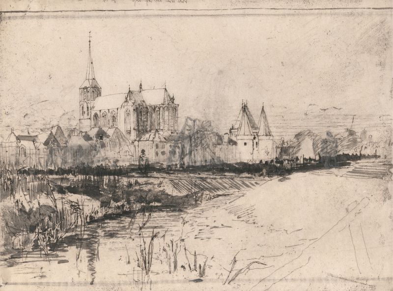 St. Osyth Church de Sir Frank Short, pintura a óleo que retrata um campanário com luz e sombra suaves.