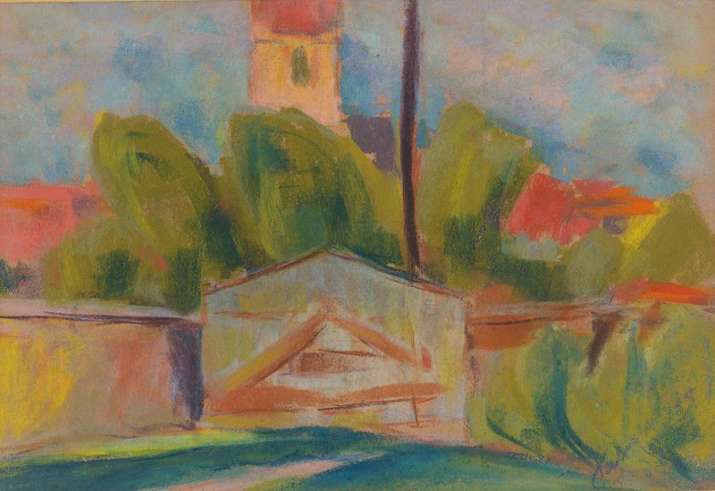 Paisaje pastoral con una iglesia, óleo sobre lienzo de Zolo Palugyay
