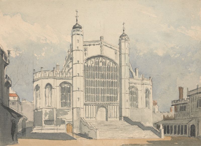 Watercolour by George Sidney Shepherd depicting St. George’s Chapel interior with arches and stained glass.