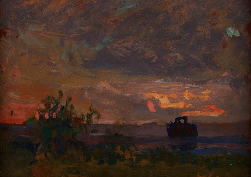 Evening de Jan Stanisławski, óleo sobre lienzo que representa un paisaje crepuscular.