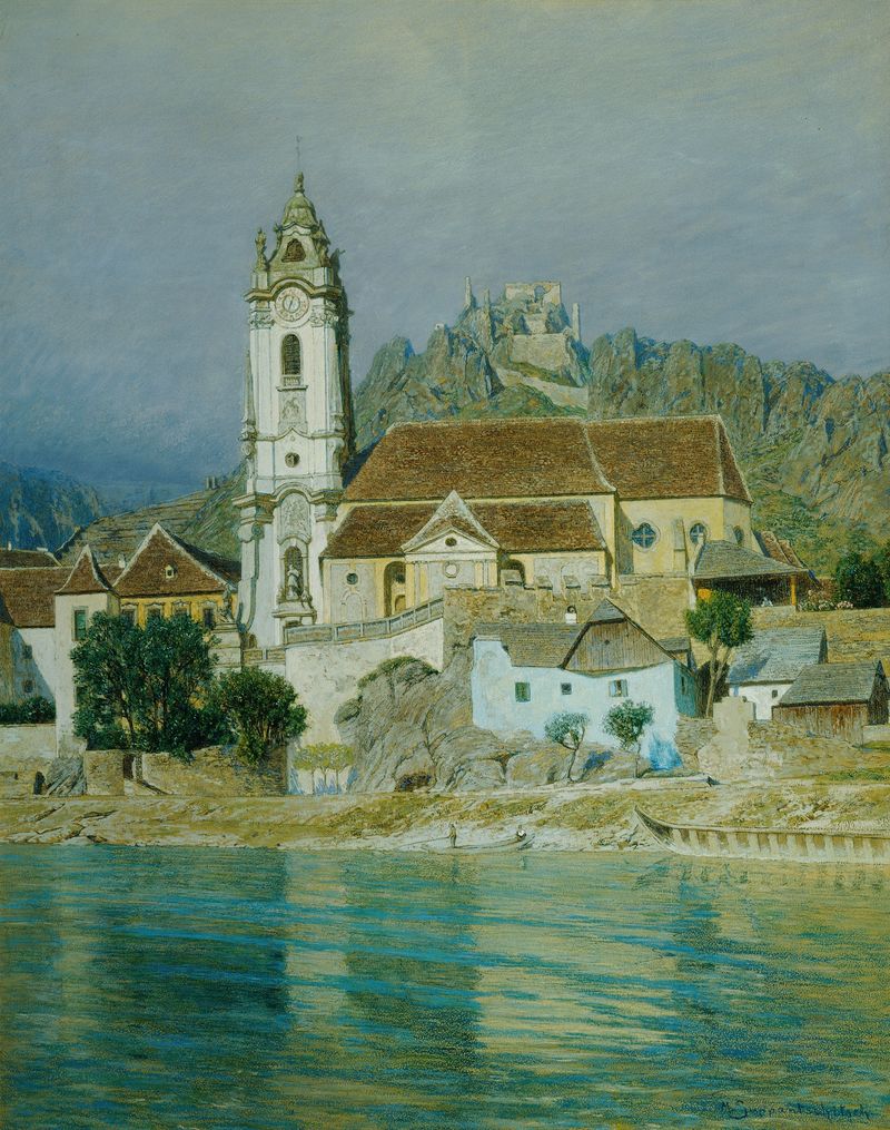 Die Stiftskirche in Dürnstein de Maximilian Suppantschitsch, óleo sobre lienzo, muestra una iglesia contra un cielo turbul...