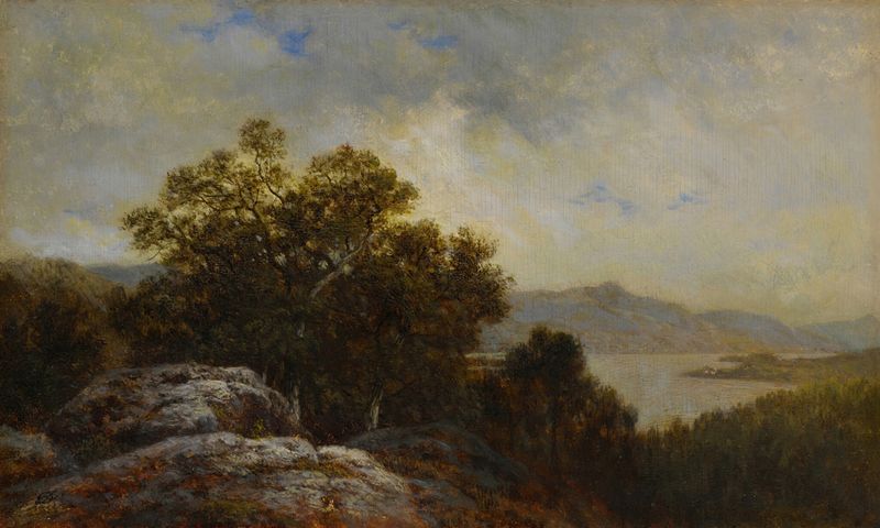 Landscape of Lake George by David Johnson, oil painting featuring trees and sunlight.