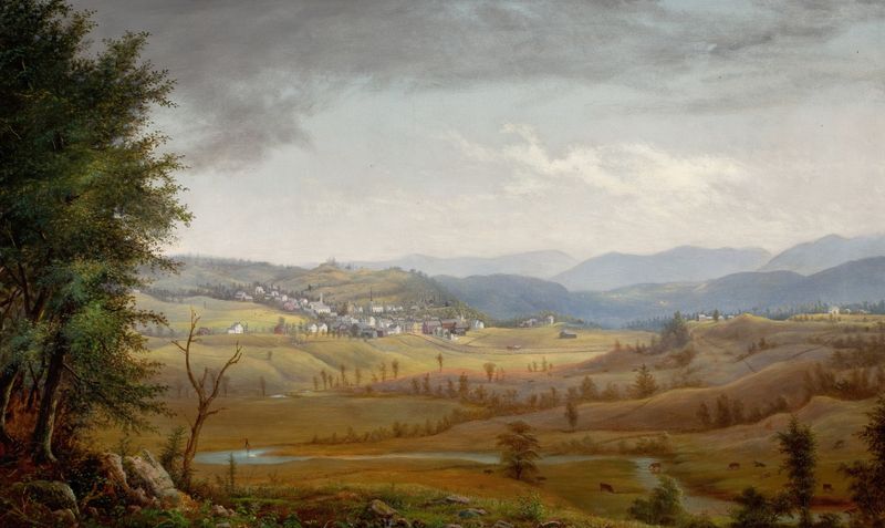 Paisagem de Benson, Rutland County, Vermont de James Hope, pintura a óleo que retrata um lago ao pôr do sol.