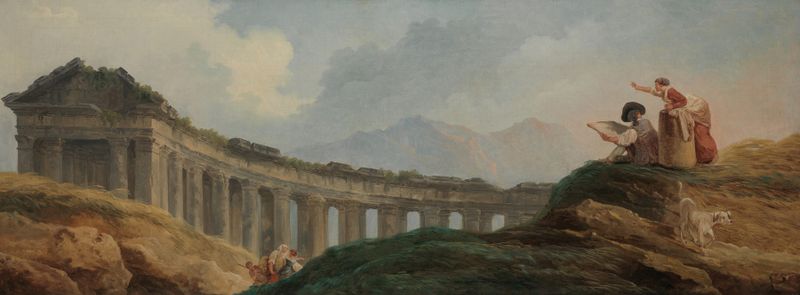 A Colonnade in Ruins, pintura a óleo de Hubert Robert, retratando arquitetura em ruínas.