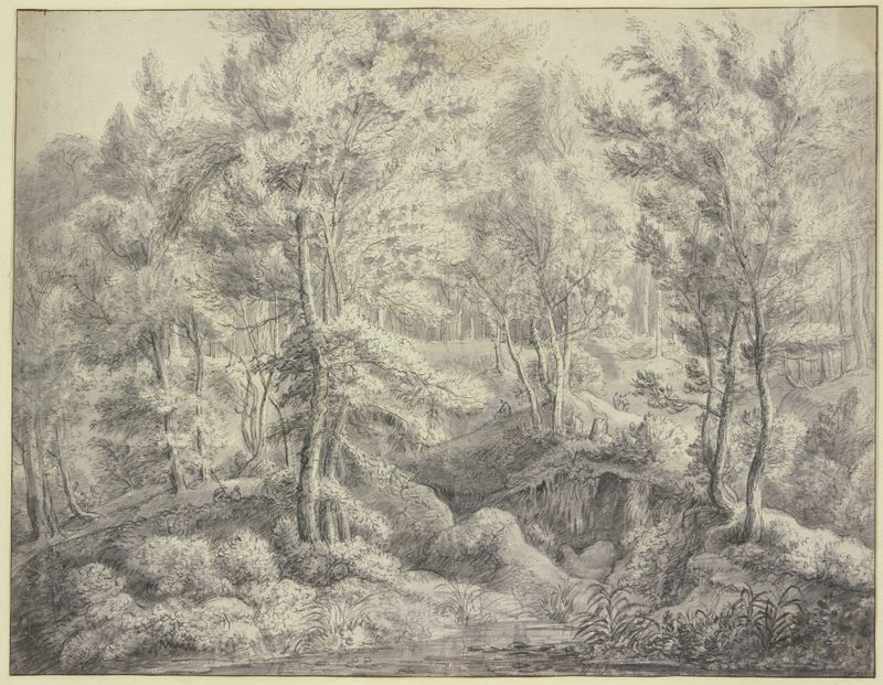 Sumpfige Waldpartie de Antonie Waterloo, pintura a óleo que retrata uma paisagem florestal com água e cinco figuras.