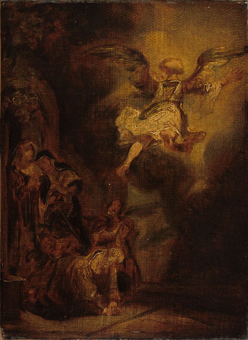 El ángel dejando a Tobías y su familia, óleo sobre lienzo de Richard Parkes Bonington