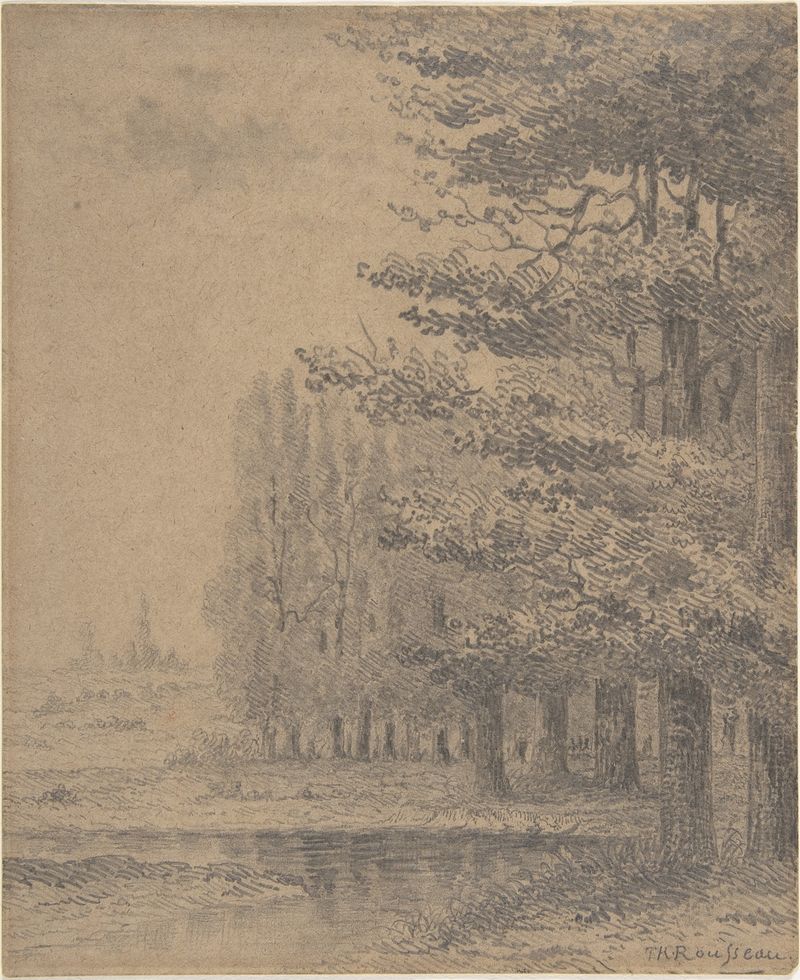 Landscape by Théodore Rousseau, featuring trees and a river, oil painting