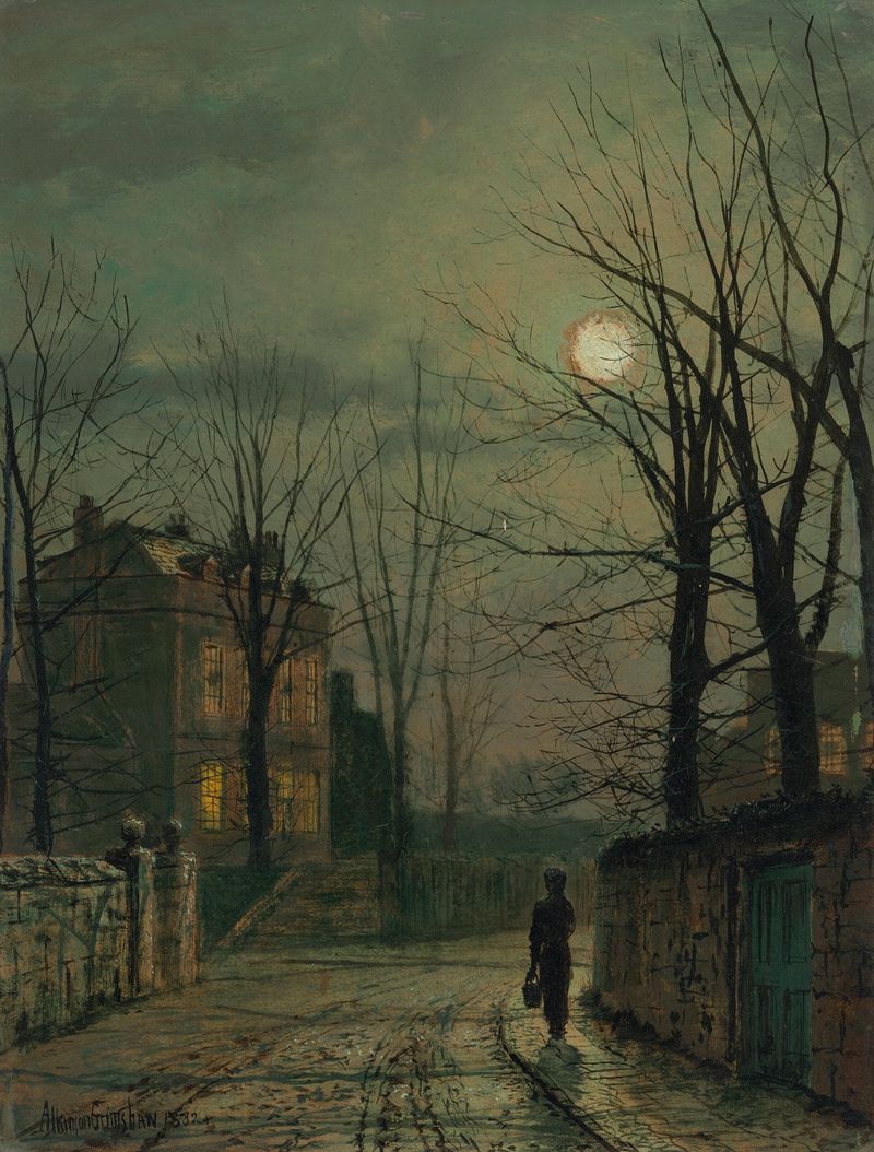 Pintura al óleo de John Atkinson Grimshaw que muestra un camino serpenteante al atardecer