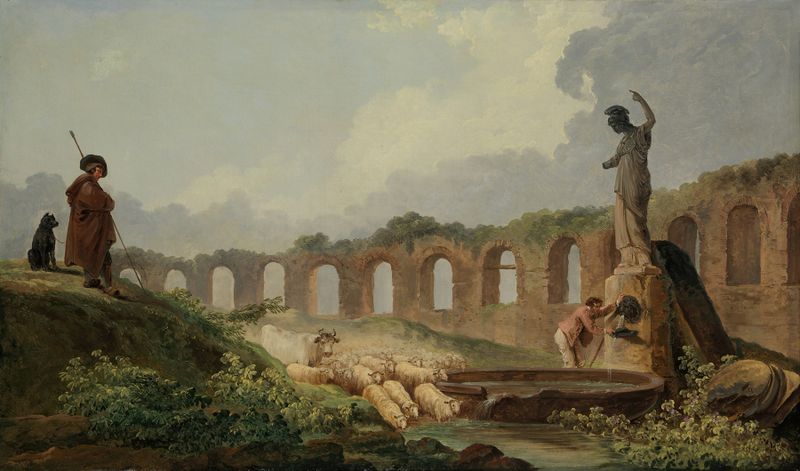 Aqueduct in Ruins, óleo sobre tela de Hubert Robert, apresentando um aqueduto em ruínas entrelaçado com árvores.
