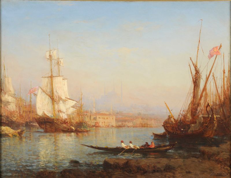 Paisaje del Bósforo de Félix Ziem, pintura al óleo con reflejos en el agua.