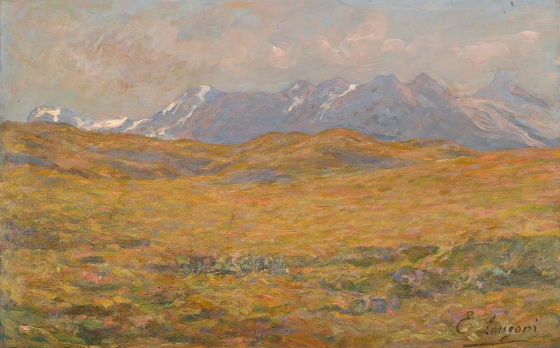 Montagna Alta by Emilio Longoni, oil on canvas depicting mountains and a soft sky.