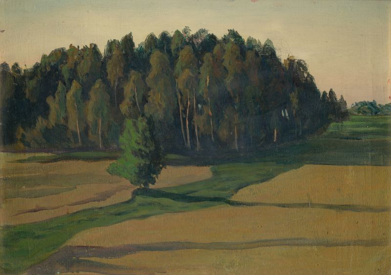 Field and Forest by Ester Almqvist, oil on canvas depicting a landscape with wildflowers and a horizon.