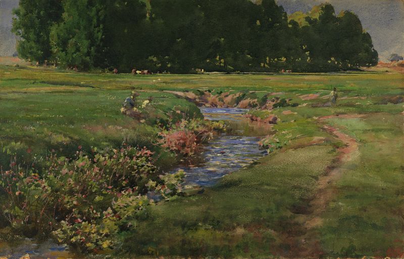 Aquarela de William Henry Holmes retratando um riacho com luz cintilante.