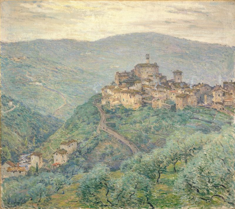 Landscape of rolling hills in golden light by Willard Leroy Metcalf, oil painting