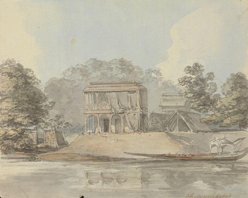 Paisagem de Moorshedabad por Samuel Davis, pintura a óleo com vegetação vibrante e características arquitetônicas.
