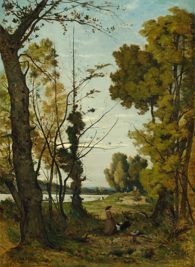 Lendo na Floresta de Henri-Joseph Harpignies, pintura a óleo de uma figura em uma floresta com luz dourada