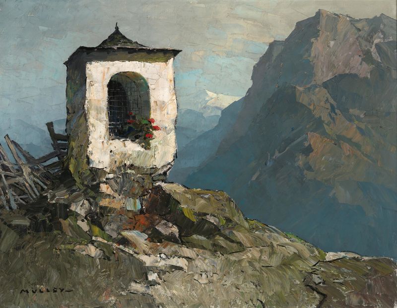 Wayside shrine by Oskar Mulley, depicting a shrine with intricate light and shadow play, medium unknown