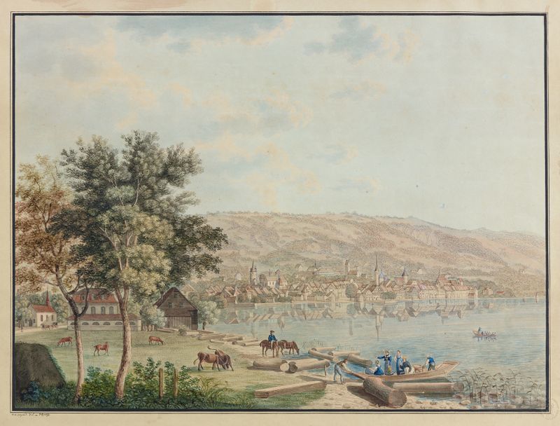 Landscape of Zug with rooftops and lake, oil on canvas by David Alois Schmid