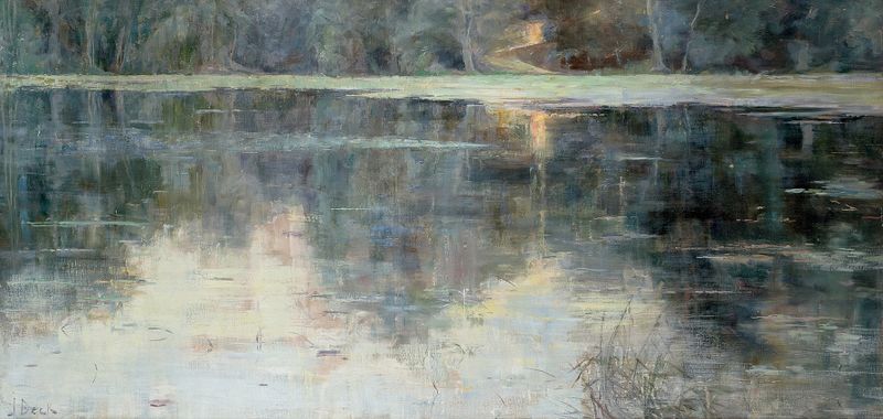 Landscape oil painting by Julia Beck featuring a ray of light illuminating twilight hues.