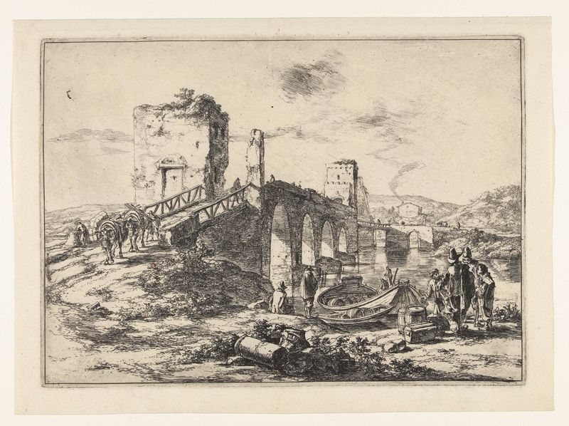 Landschap met brug, de Ponte Molle de Jan Both, gravura de uma paisagem serena com uma ponte sobre um rio.