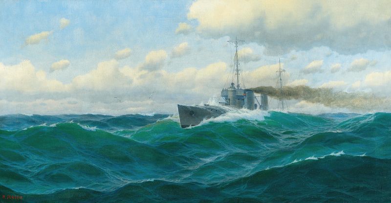 Gunboat on the High Seas by Max Jensen, expressionism, depicting a gunboat amidst tumultuous ocean waves