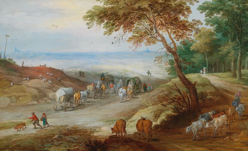 Hilly landscape with travellers and cattle, oil painting by Jan Brueghel the Younger