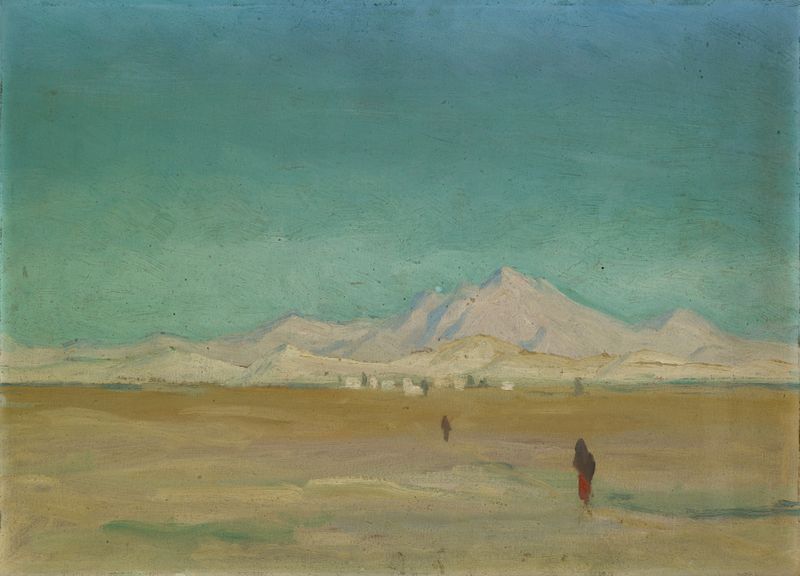 Pintura al óleo de Romanticismo de Ernst Schiess que representa colinas al atardecer.