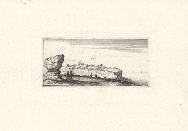 Gravura de Wenceslaus Hollar mostrando ruínas perto de Dover em uma paisagem.