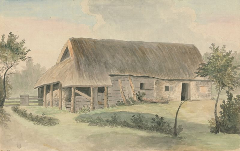Thatched-roof barn in a rural landscape, oil on canvas by Edward Francis Burney