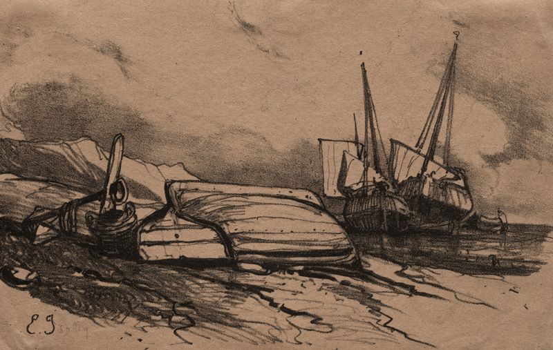 Couverture, Une Grève de Eugène Isabey, óleo sobre tela retratando figuras na costa ao crepúsculo.