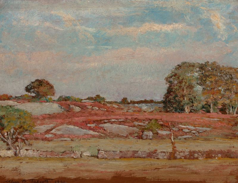 Rocks and Barberry, pintura a óleo de Allen Butler Talcott, retratando berberis vibrantes contra rochas atenuadas.
