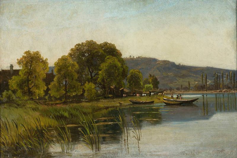 Paisaje junto al agua de Aleksander Swieszewski, óleo sobre lienzo que muestra aguas tranquilas y un horizonte suave.