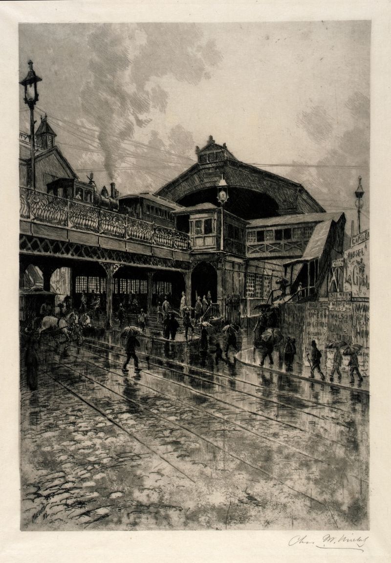 Entrance to Brooklyn Bridge, etching by Charles Frederick William Mielatz, depicting twilight over the city.