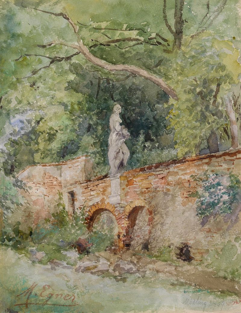 óleo de Marie Egner que muestra una figura de piedra y un puente en un paisaje exuberante